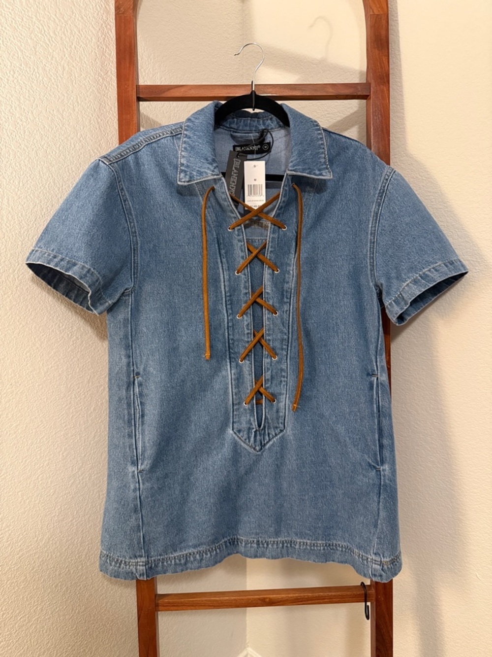 Blank NYC Lace Up Denim Mini Dress/Tunic Western Suede Ties Size Medium NWT